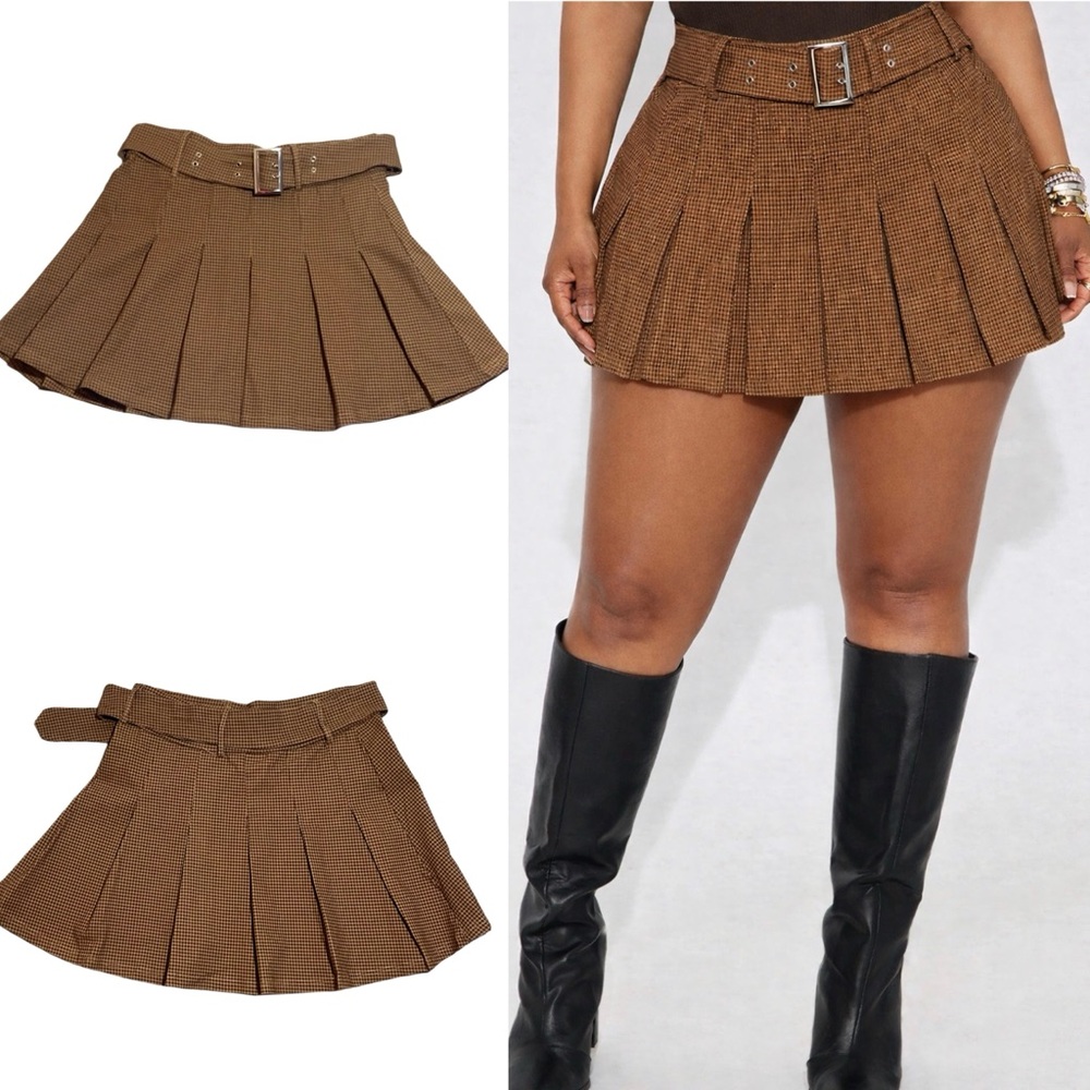 Plus Size 2x Brown Plaid Pleated Skirt w/ Belt | Preppy School Girl Y2K